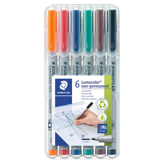 STAEDTLER® 1mm 6 Color Medium Lumocolor Non-Permanent Wet Erase Marker Pens Set